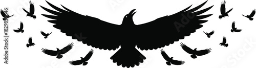 Black Silhouette of a Large Flying Raven or Crow with Outstretched Wings, Surrounded by a Flock of Birds, Dark Gothic Mystical Tattoo Design Vector Illustration on White Background.