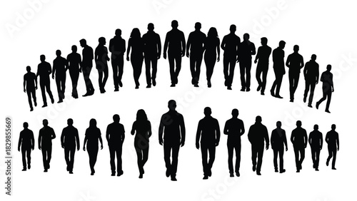 Diverse group of walking people silhouettes isolated on white background, Vector