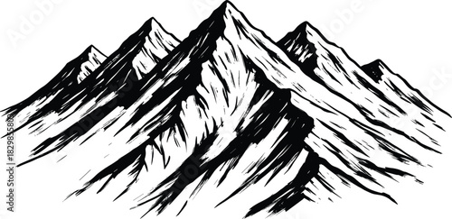 Black Hand-Drawn Sketch Vector Illustration of Sharp Mountain Peaks and Ridges, Designed with an Artistic Brush Stroke Style, Ideal for Adventure Logos, Nature, and Outdoor Graphics