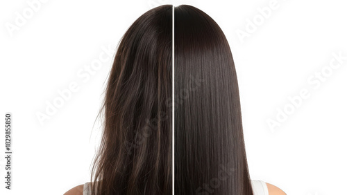 Hair before and after treatment, showing transformation from dry, frizzy to smooth, shiny, and healthy long dark hair. isolated on transparent background
