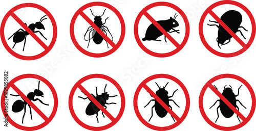 Pest control icons, insect prohibition signs, rodent prevention symbols, hygiene safety graphics, extermination silhouettes, no bugs, vector illustration set