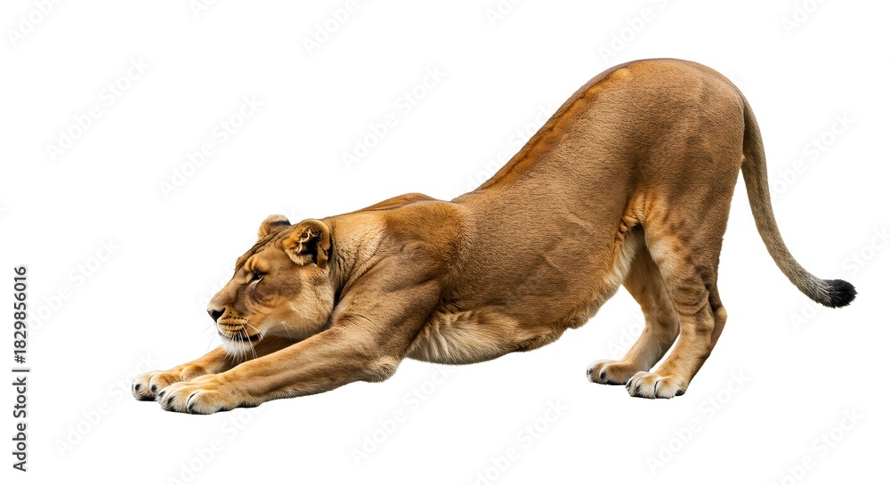 Obraz premium Relaxed yet Powerful Lioness Stretching in a Minimal Studio Setting