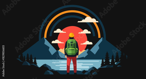 Adventure awaits A lone hiker gazes at a majestic sunset over a serene lake, surrounded by mountains