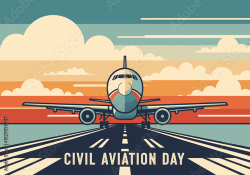 Stylized airplane illustration on a runway celebrating Civil Aviation Day with a vibrant retro sunset sky