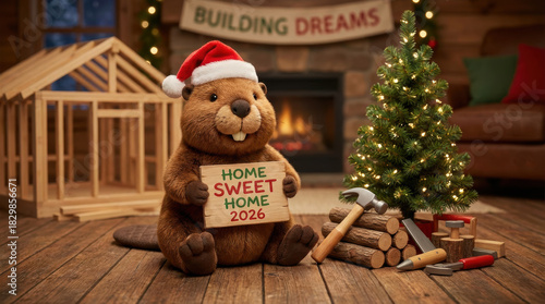 Home sweet home 2026 beaver in holiday workshop celebrates future transition progress advancement with cozy tree and construction tools moving to the year 2026 Concept