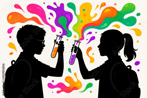 Two silhouetted students examine colorful liquids in test tubes, surrounded by vibrant abstract shapes evoking scientific creativity.