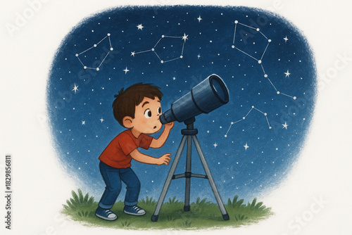 A young child observes the night sky through a telescope, surrounded by stars and dotted constellations.