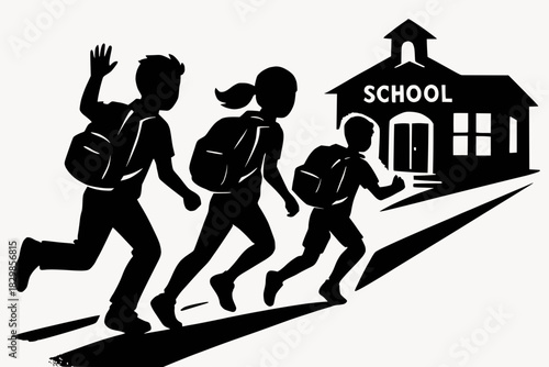 Black-and-white silhouette of three children with backpacks running toward a school building. Energetic and symbolic educational scene.