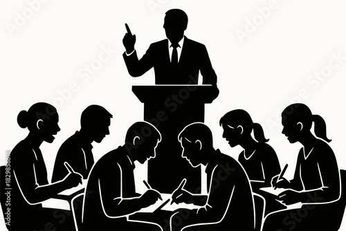 Silhouetted speaker addresses seated attendees in a classroom or seminar, evoking learning and public speaking.