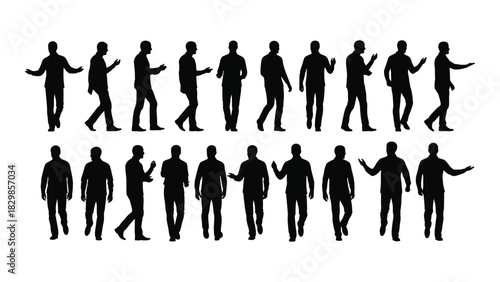 Male silhouettes walking and gesturing isolated on white background, Vector