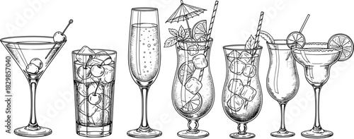 Elegant hand-drawn cocktail glasses collection featuring assorted mixed drinks, detailed vintage barware illustration for beverage menu design, hospitality branding, restaurant and bar vector art