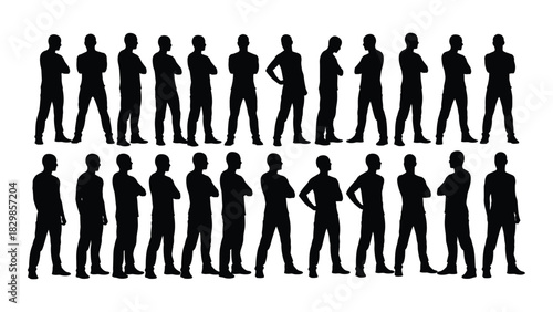 Collection of standing male silhouettes isolated on white background, Vector