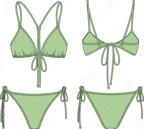 Green bikini, triangle top, side tie bottom, front and back view, fashion sketch, swimwear template, CAD drawing flat vector illustration