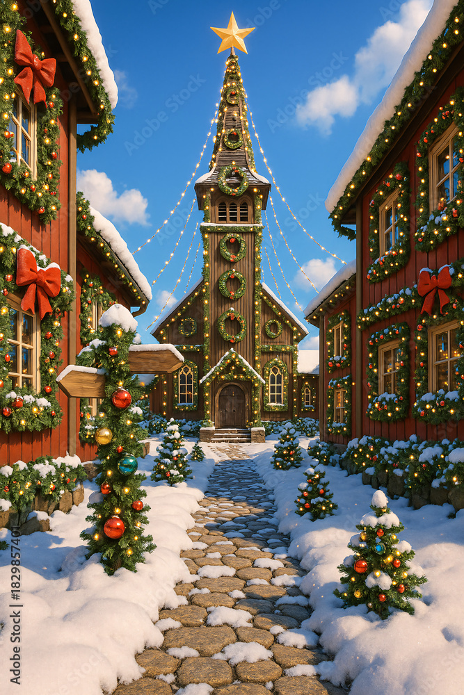 Naklejka premium Classic Snowy Christmas Village Path with Decorated Tower and Garlands