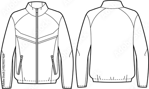 Jacket technical fashion illustration, front and back view, high collar, zipper closure, seam details, CAD drawing flat vector illustration