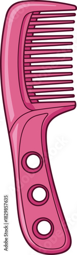 Pink plastic hair comb vector illustration, grooming tool with handle and fine teeth, isolated on white background for styling