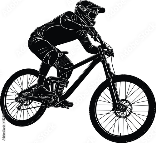 Mountain biker silhouette riding downhill on full-suspension bicycle, extreme sports action illustration, protective gear athlete vector art for adventure, outdoor cycling, and racing concepts