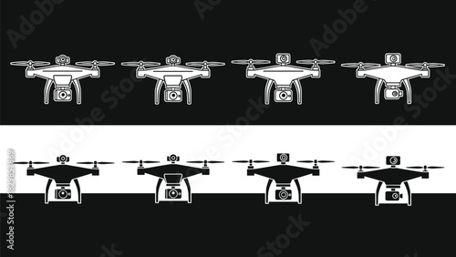 Drone with Camera Vector Icon Set, Quadcopter UAV Silhouette Collection, Aerial Photography and Unmanned Technology Black and White Graphics
