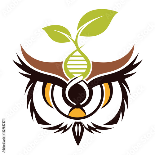 Owl head illustration with dna and plant for bioengineering or natural science