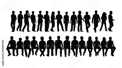 People silhouettes: standing and sitting poses isolated on white background, Vector