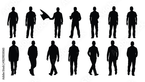 Collection of male silhouettes in various poses isolated on white background, Vector
