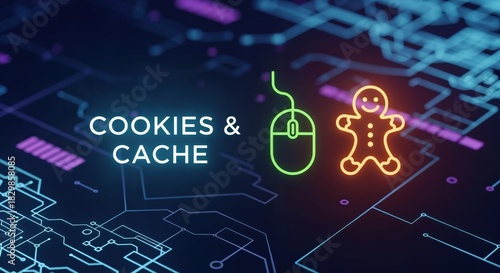 Digital concept of internet cookies and cache data storage with computer mouse and gingerbread man icons on a circuit board background