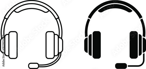 Headphones with Microphone Vector Icon Set, Support and Call Center Headset Symbols, Audio Communication Device Outline and Solid Black Graphic