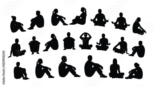 Diverse sitting people silhouettes isolated on white background, Vector