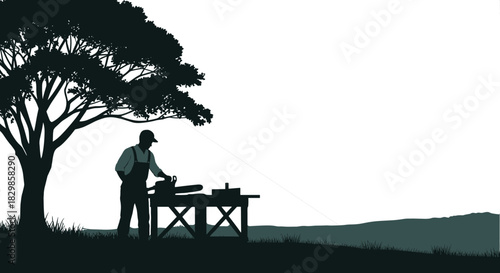 Lumberjack or woodworker silhouette preparing a chainsaw on a workbench under a large tree, set against a distant hill landscape, detailed vector illustration.