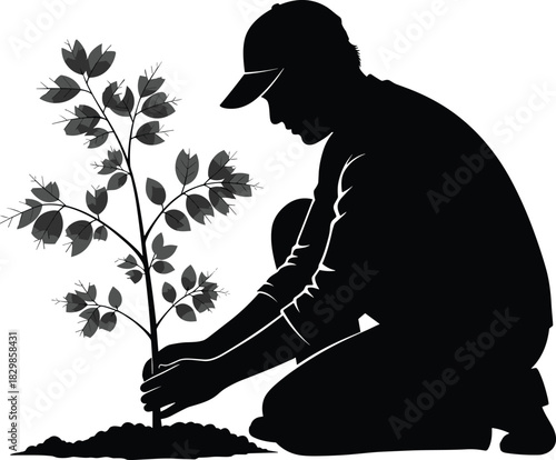 Man planting a young tree seedling silhouette kneeling on the ground, symbolizing conservation, growth, nature care, and ecology, vector illustration.