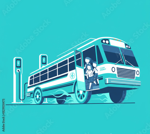 Clean energy concept for public transport, featuring an electric school bus with students at a charging point