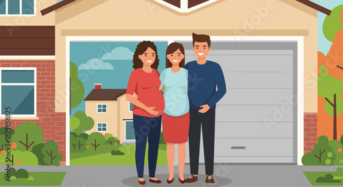 Pregnant women, family support, suburban home, outdoor lifestyle, happy couple, maternity moment, residential neighborhood, togetherness, love, parenthood, bonding, expecting baby