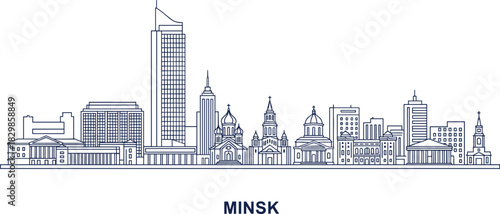 Minsk city skyline vector line art, Belarus capital cityscape illustration, flat urban panorama outline, famous travel landmarks background, European architecture tourism banner concept
