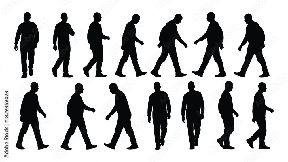 Fototapeta premium Walking men silhouettes collection isolated on white background, Vector
