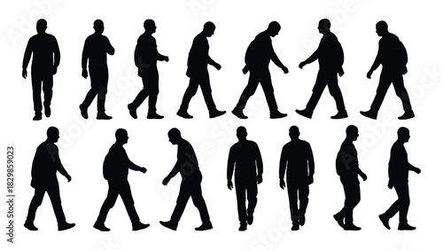Walking men silhouettes collection isolated on white background, Vector