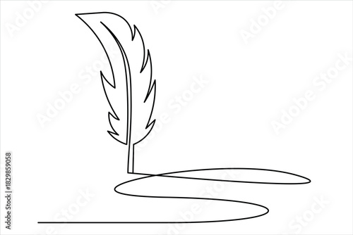 Minimalist one line art of a feather quill pen with ink trail illustration