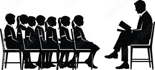 Teacher or professor reading a book to a line of attentive primary school students or children sitting on chairs, education and learning process vector silhouette.
