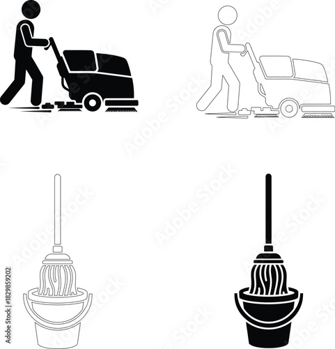 Cleaning Service Vector Icons – Floor Scrubber Machine and Mop Bucket Symbols