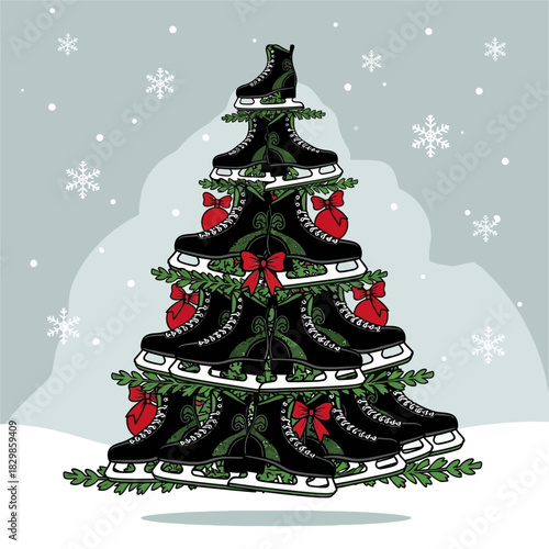 A festive Christmas tree constructed entirely from ice hockey skates.