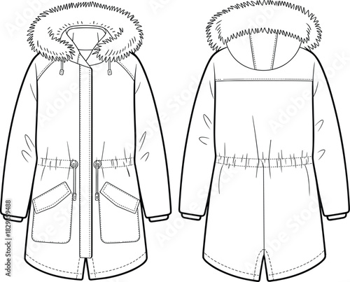 Technical flat sketch parka coat with faux fur hood, fashion vector illustration, women's cold-weather jacket technical drawing CAD, outerwear design template, apparel garment.