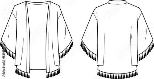Technical flat sketch vector illustration of a fringe-trimmed kimono jacket. Front and back view of bohemian open-front shrug with wide dolman sleeves and tassels.