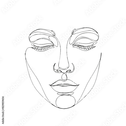 A minimalist line drawing of a woman's face with closed eyes on a white background.