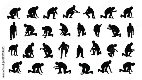 Crouching and starting pose human silhouettes isolated on white background, Vector