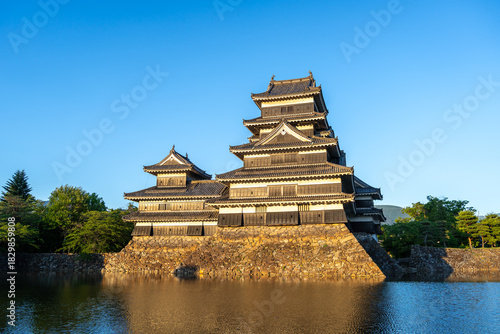 Matsumoto Castle reflecting in the water at sunset, Japan