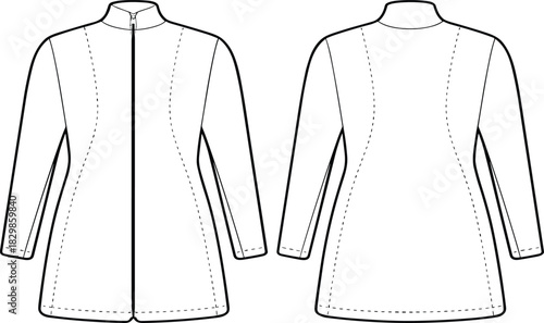 Technical flat sketch vector illustration of uniform tailored fitted zip-up jacket. Front and back view of elegant women's blazer with stand-up collar and long 