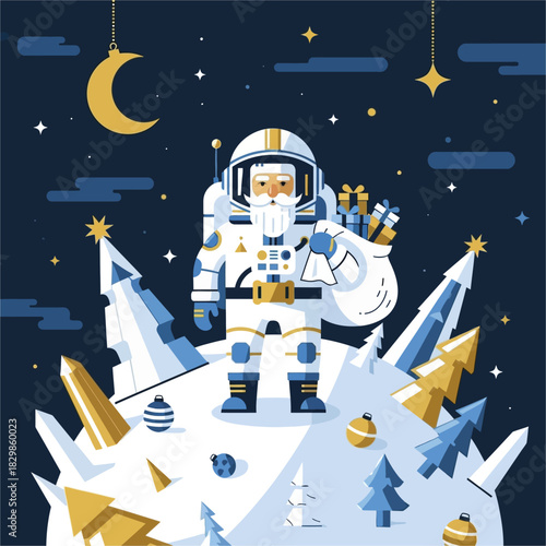 Astronaut Santa Claus on a festive planet with gifts.