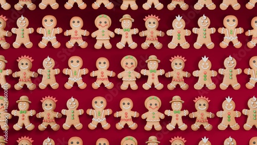 Gingerbread friends numerous on red background