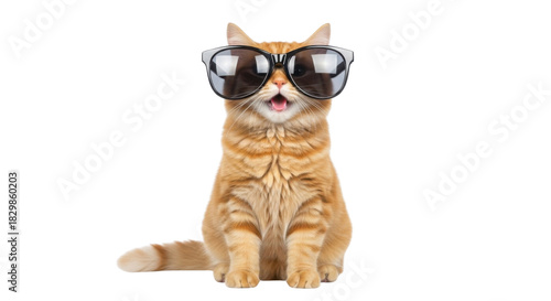 Cute ginger cat wearing sunglasses with mouth open isolated PNG with Transparent Background