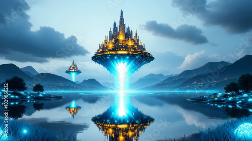 Bright floating castle emits blue energy beam above reflective water with small islands, dramatic clouds and mountains in the distance, epic fantasy concept