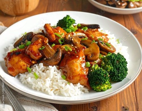 Delicious and healthy teriyaki chicken with rice, mushrooms and broccoli on wooden table